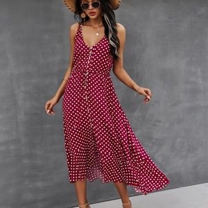 Boho Burgundy button up v neck tie polka dot dress